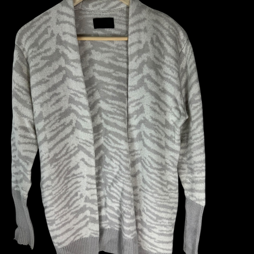 Rta Grey/White 100% Cashmere Animal Striped Ragged Edge Cardigan Sz Xs